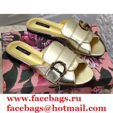 Dolce & Gabbana Leather Flat Sliders Gold With Baroque D & G Logo 2021
